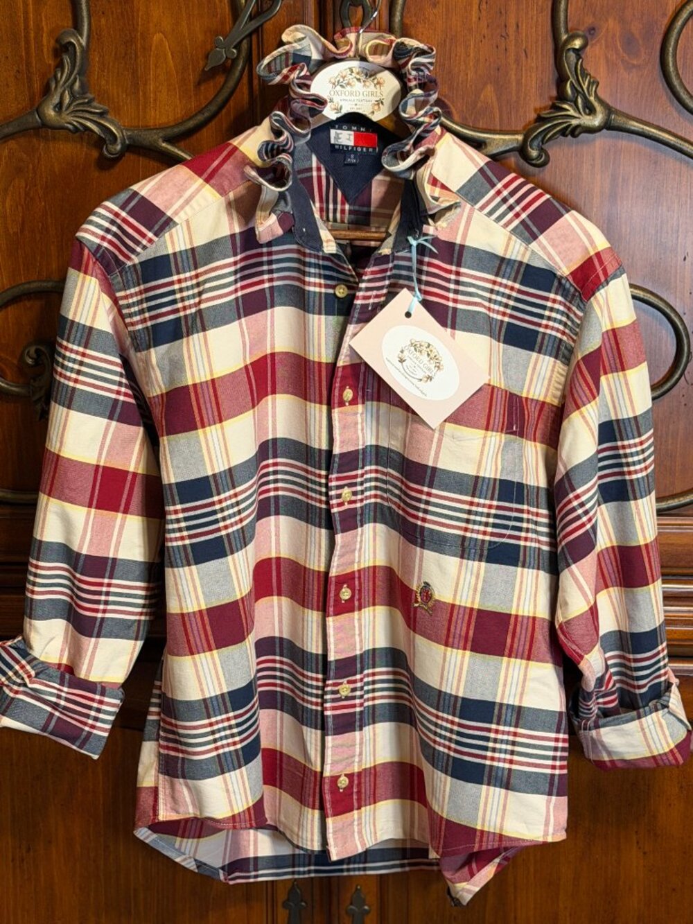 Upcycled Tommy Hilfiger Plaid Ruffle Collar Blouse | Heavy Cotton Shacket Light - Picture 3 of 6
